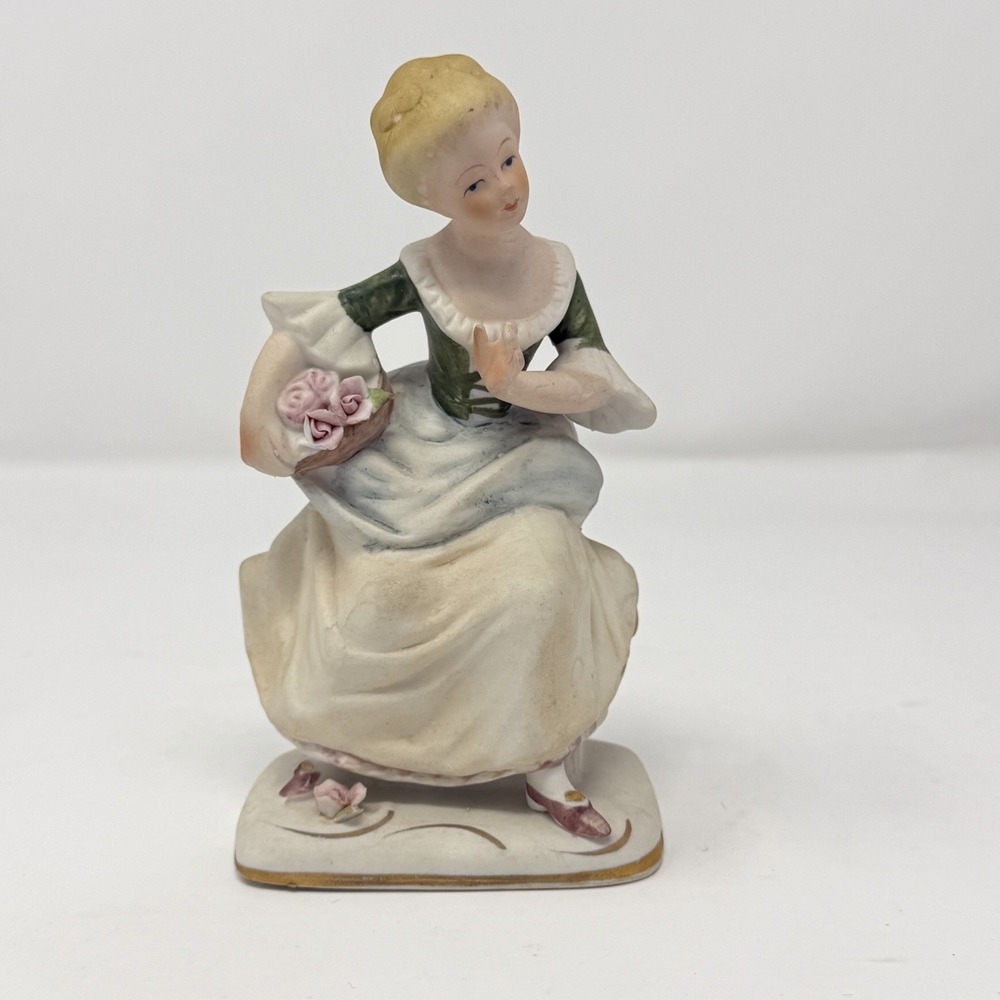 Vintage EW Japan Bisque Porcelain Figurine Girl w/ Basket of Roses 6.5" MCM